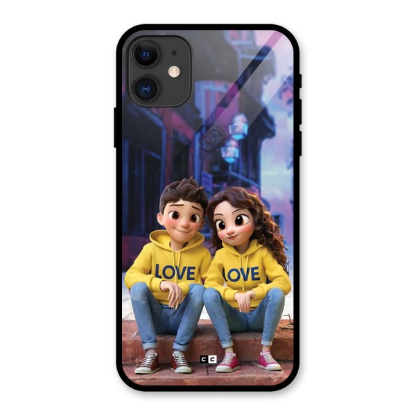Cute Couple Sitting Glass Back Case for iPhone 11