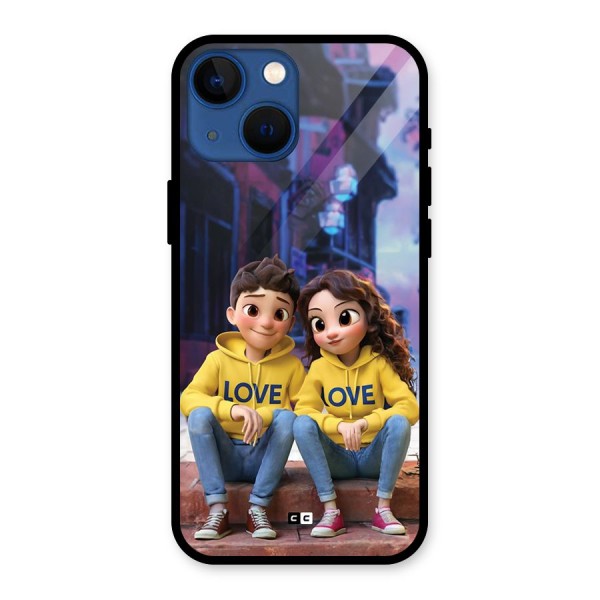 Cute Couple Sitting Glass Back Case for iPhone 13 Mini