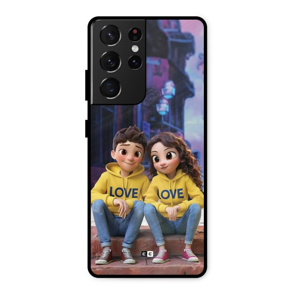 Cute Couple Sitting Metal Back Case for Galaxy S21 Ultra 5G