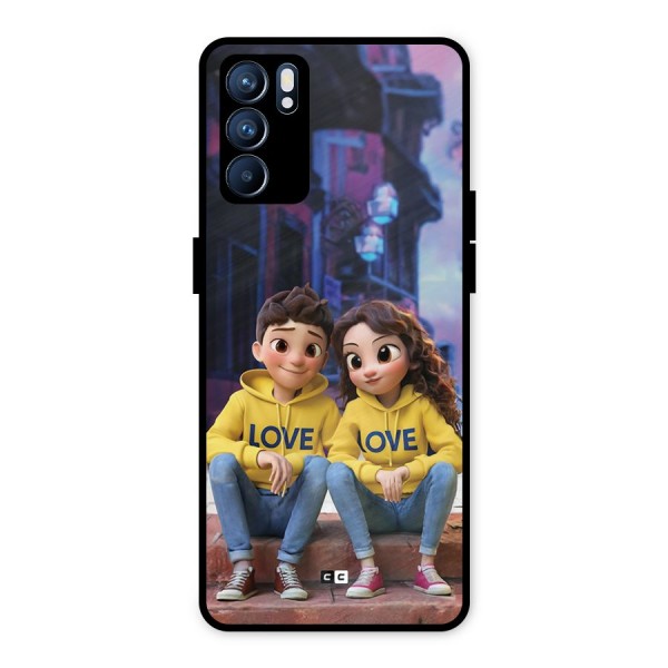 Cute Couple Sitting Metal Back Case for Oppo Reno6 5G