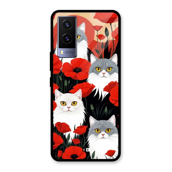 Floral Cat Glass Back Case for Vivo V21e 5G