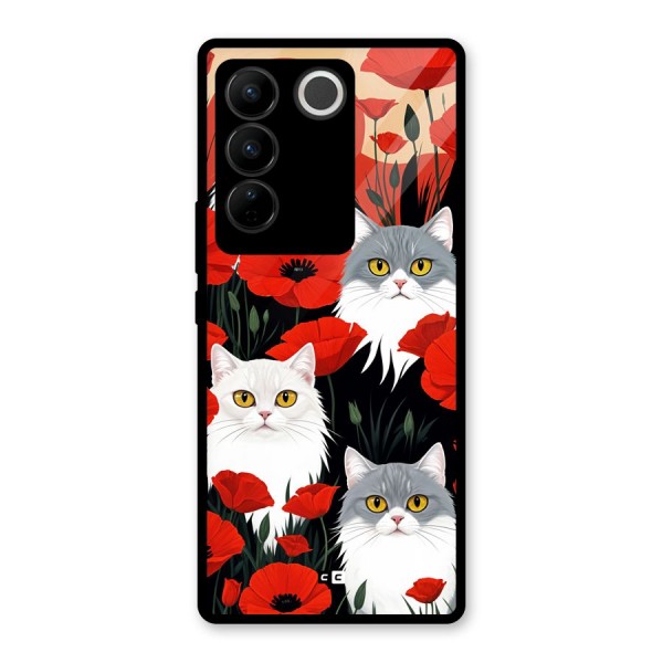 Floral Cat Glass Back Case for Vivo V27