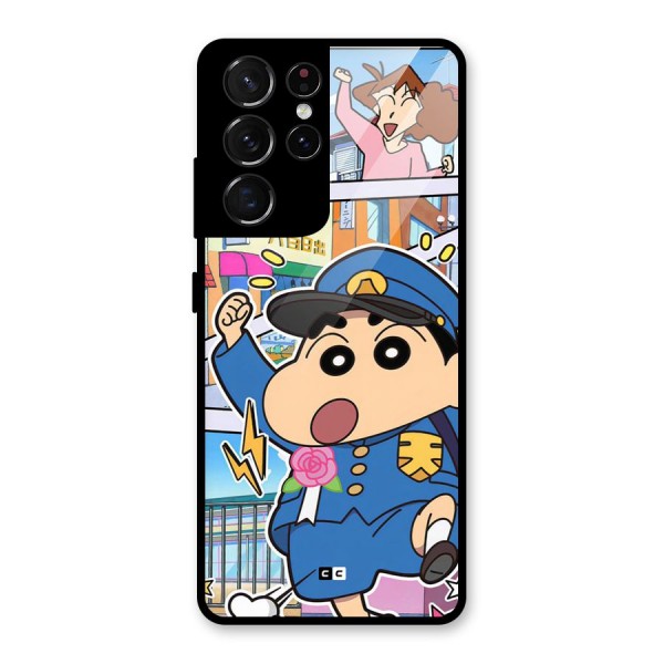 Officer Shinchan Glass Back Case for Galaxy S21 Ultra 5G
