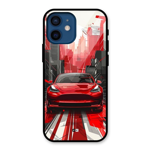 Red And Black Car Glass Back Case for iPhone 12 Mini