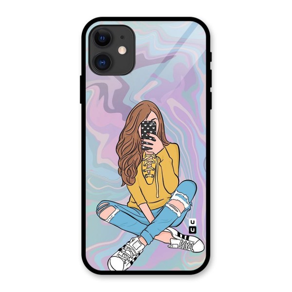 Selfie Girl Illustration Glass Back Case for iPhone 11