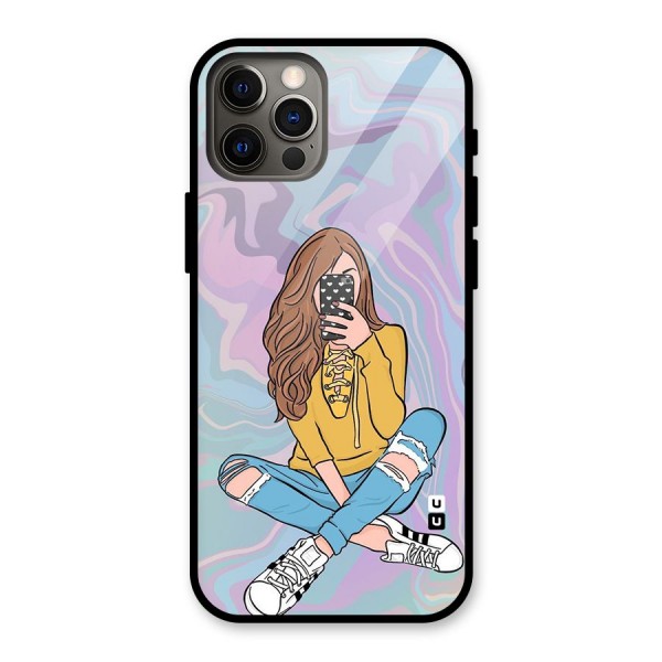 Selfie Girl Illustration Glass Back Case for iPhone 12 Pro