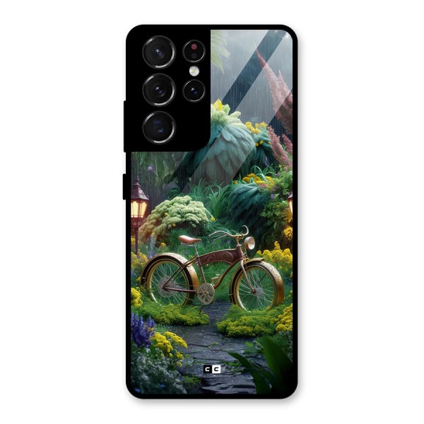Vintage Cycle In Garden Glass Back Case for Galaxy S21 Ultra 5G