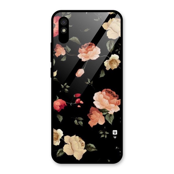 Black Artistic Floral Glass Back Case for Redmi 9A