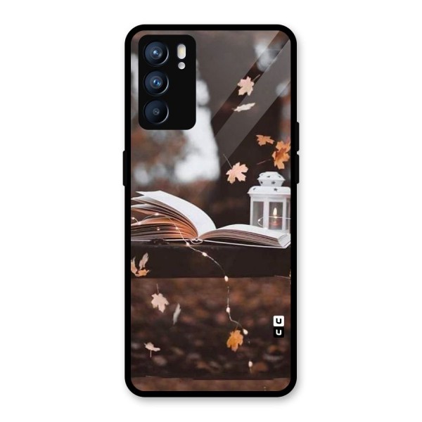 Book and Fall Leaves Glass Back Case for Oppo Reno6 5G