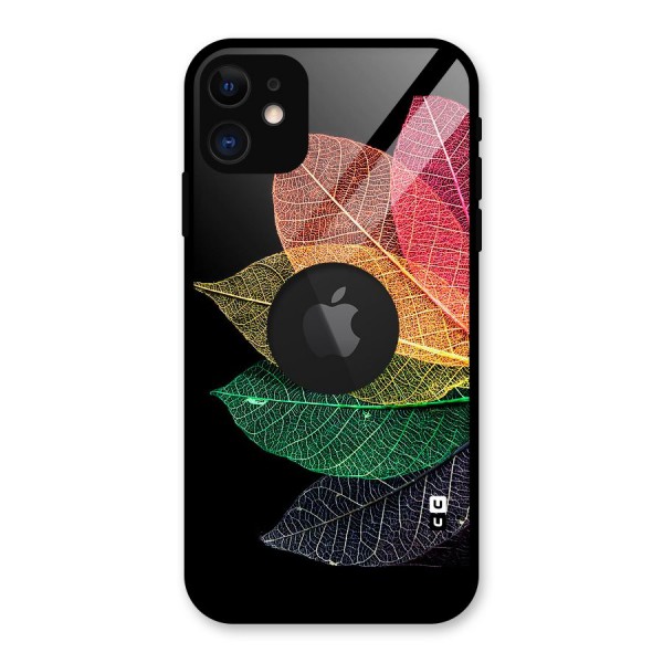 Net Leaf Color Design Glass Back Case for iPhone 11 Logo Cut