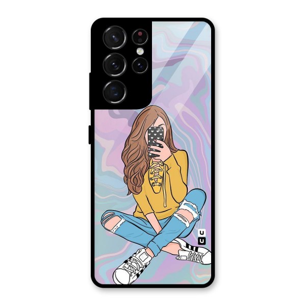 Selfie Girl Illustration Glass Back Case for Galaxy S21 Ultra 5G